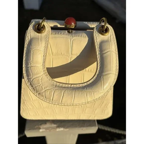 Staud Bag Kenny Cream Trapezoid Handbag Croc Embossed Leather Top Handle 6.5” - Picture 12 of 13